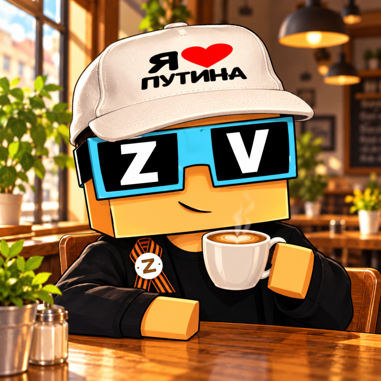 ILP wearing a white cap and blue shades over a cup of coffee
